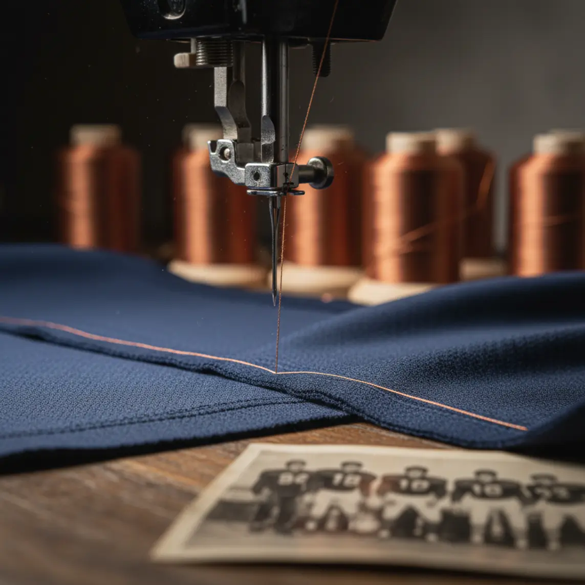 Close up of premium garment stitching and vintage sporting artifacts